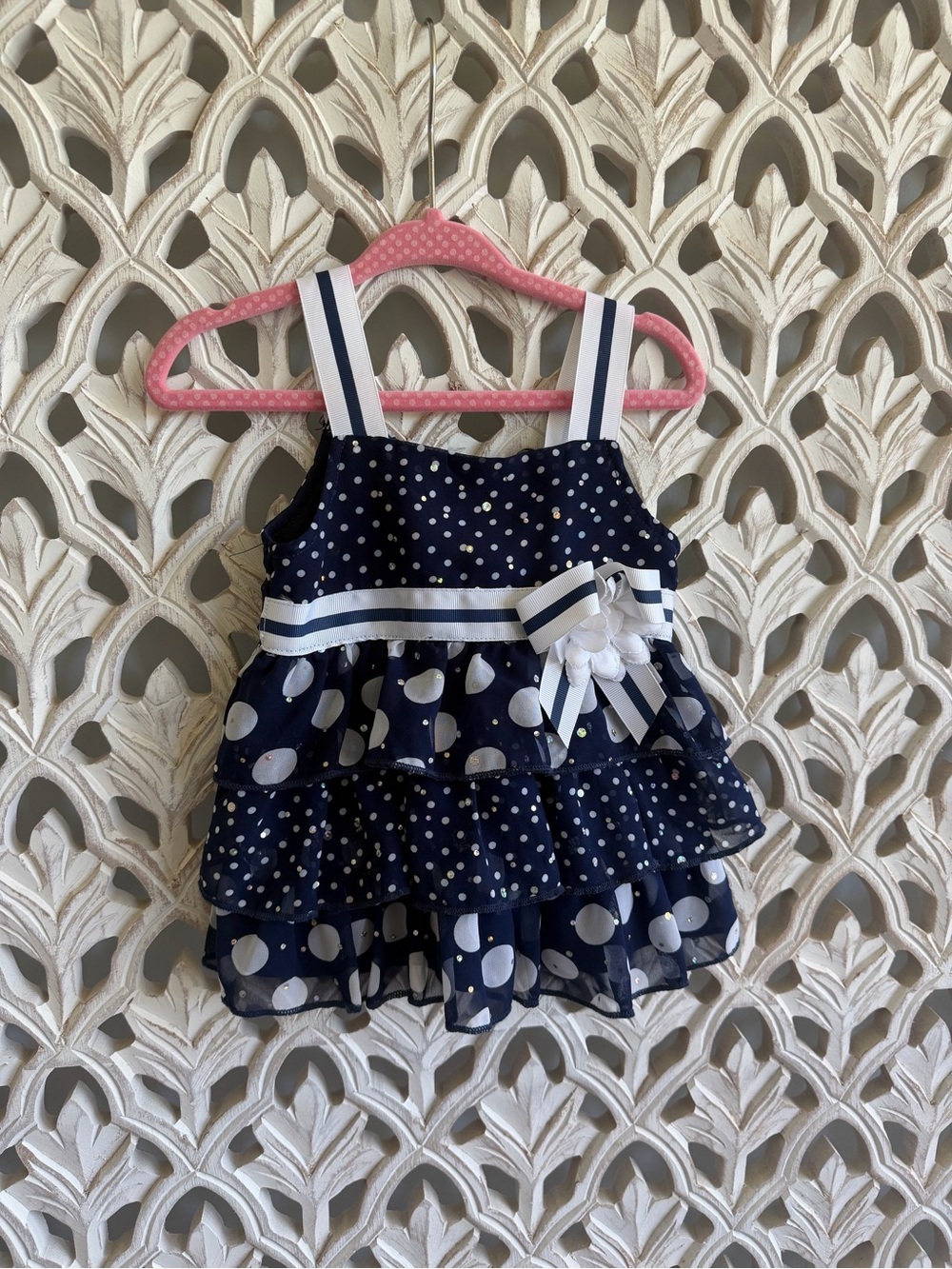 Little Lass Navy and White Polka Dot Ruffle Dress with Striped Bow